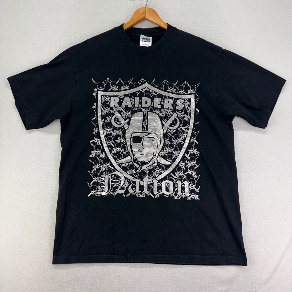 Raider Nation T-Shirt Mens XL Black NFL Metallic‎ Silver Graphic Tee Y2K Shaka